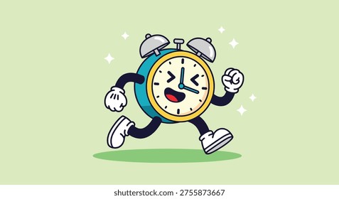 A cheerful alarm clock character with a big smile and arms and legs, running quickly against a light green background, symbolizing urgency and happiness.