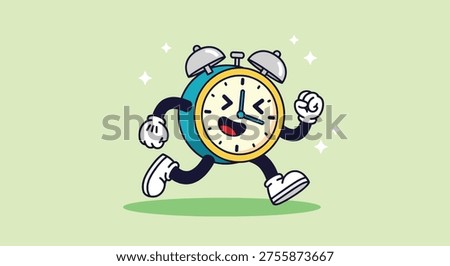 A cheerful alarm clock character with a big smile and arms and legs, running quickly against a light green background, symbolizing urgency and happiness.