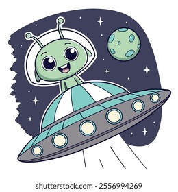 A cheerful alien in a spaceship, exploring space with a planet nearby.