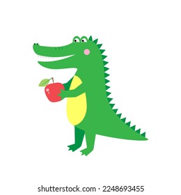 A cheerful alligator is holding an apple. Vector illustration.