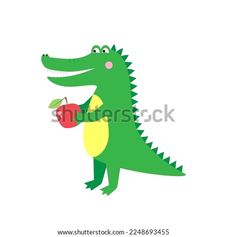 A cheerful alligator is holding an apple. Vector illustration.