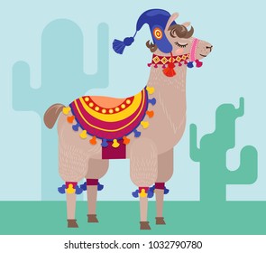 Cheerful alpaca in a blanket with pompons. Vector cartoon illustration
