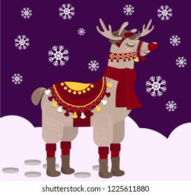 Cheerful alpaca dressed in winter horsecloth and rudolph costume. Fun vector illustration  