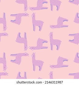 Cheerful alpaca seamless pattern. Background with funny llama in doodle style for fabric. Repeated design texture for printing, wrapping, interior, wallpaper, tissue. Vector illustration.