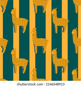 Cheerful alpaca seamless pattern. Background with funny llama in doodle style for fabric. Repeated design texture for printing, wrapping, interior, wallpaper, tissue. Vector illustration.