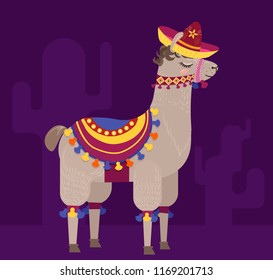 Cheerful alpaca in a sombrero with pompoms. Vector illustration in cartoon style