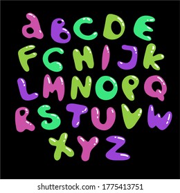 Cheerful alphabet. Black round letters. For children's products, illustrations, banners, packaging, invitations, cards, parties, holidays.