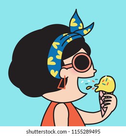 Cheerful Amazing Young Happy Girl Wearing Colorful Sunglasses And Headband Eating Ice Cream. Concept Of Summer Mood Card Character illustration