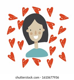 Cheerful american girl with a pretty smile and black hair under the caret, with red hearts. Isolated vector on a white background. Ready to print logo, avatar for social media. For postcards
