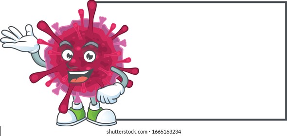 Cheerful amoeba coronaviruses mascot style design with whiteboard