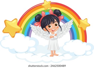 Cheerful angel girl standing on clouds, colorful rainbow