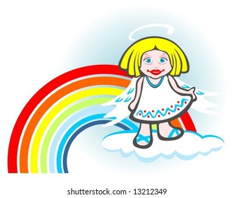 Cheerful angel and rainbow isolated on a white  background.