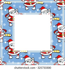 Cheerful angry cat on a blue background. Christmas border.