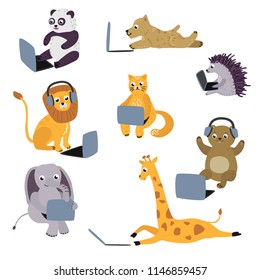 Cheerful animal kids sitting, lying with laptop and headphones set. Cute pets characters elephant, lion cat, giraffe and modern computer technologies and communication. Vector cartoon illustration