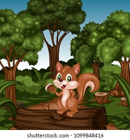 Cheerful Animals in Forest. Cute Cartoon Forest Animal Characters. Vector Illustration of a Squirrel Holding Nut