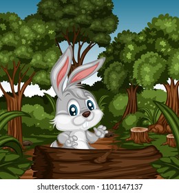 Cheerful Animals in Forest. Cute Cartoon Forest Animal Characters. Vector Illustration of a Cute Rabbit 