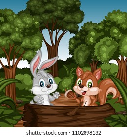 Cheerful Animals in Forest. Cute Cartoon Forest Animal Characters. Vector Illustration of a Bunny and Squirrel
