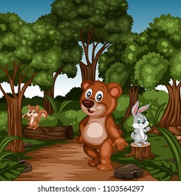 Cheerful Animals in Forest. Cute Cartoon Forest Animal Characters. Vector Illustration of a Bear, Squirrel and Rabbit