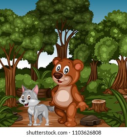 Cheerful Animals in Forest. Cute Cartoon Forest Animal Characters. Vector Illustration of a Wolf and  Big Brown Bear