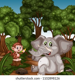 Cheerful Animals in Rainforest. Cute Cartoon Forest Animal Characters. Vector Illustration of a Monkey and Elephant