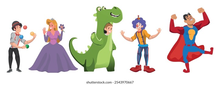 Alegres personajes animados con vibrantes trajes de mago, superhéroe, dinosaurio, payaso y princesa listos para entretener y deleitarse en eventos festivos de vacaciones. Ilustración vectorial de Personas de dibujos animados.