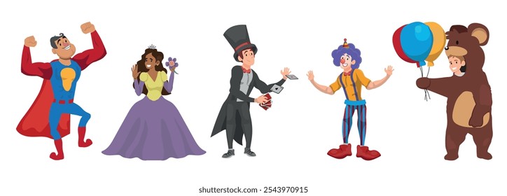 Alegres personajes animados con vibrantes trajes de mago, superhéroe, oso, payaso y princesa listos para entretener y deleitarse en eventos festivos de vacaciones. Ilustración vectorial de Personas de dibujos animados.