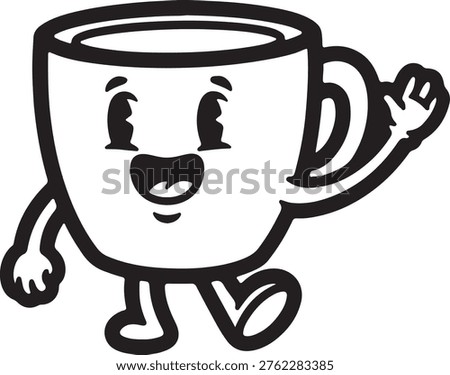 Cheerful animated coffee cup with arms and legs smiling and waving isolated on white background