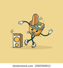 A cheerful animated instant noodle cup dances next to a speaker, enjoying the music.