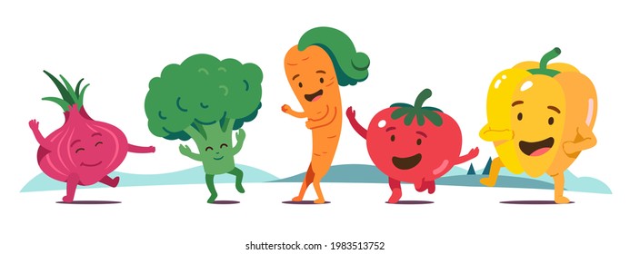 Cheerful Animated Vegetables Cartoon Characters Dancing Together Set. Funny Happy Face Fresh Organic Onion, Broccoli, Carrot, Tomato, Sweet Pepper Have Fun. Healthy Food Characters Vector Illustration