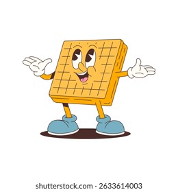 Cheerful animated waffle mascot with friendly face, white gloves, and blue shoes suitable for food branding, advertising, packaging, or fun design purposes. Vector illustration