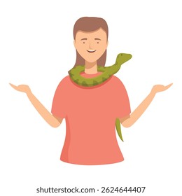 Mulher animada alegre com uma cobra verde em torno de seu pescoço, mostrando harmonia com a natureza