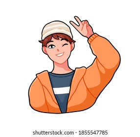 Cheerful anime boy wink and giving a V sign. Happy male character in street style clothes. Vector cartoon illustration of kawaii japanese teenager isolated on white background