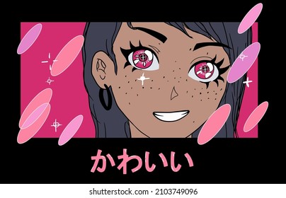 Cheerful anime girl face in manga style. Female character for tattoo or t-shirt print. Japanese text means "cute".