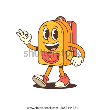A cheerful anthropomorphic backpack character stands waving in a welcoming pose, radiating positivity and approachability. Perfect for education content, or childrens products. vector illustration
