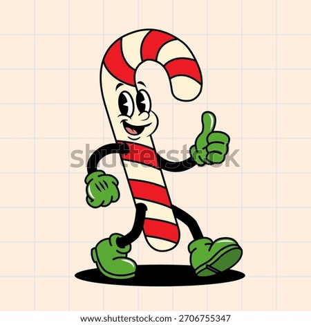 A cheerful, anthropomorphic candy cane cartoon character rendered in the popular vintage "rubber hose" animation style (reminiscent of 1930s cartoons)