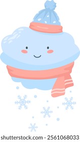Cheerful, anthropomorphic cloud, bundled up in warm winter attire, is depicted with a gentle smile as snowflakes gracefully descend around it, creating a charming winter scene
