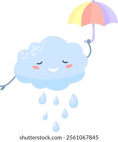 Cheerful, anthropomorphic cloud holding an umbrella, playfully causing rain to fall, creates a whimsical and lighthearted scene filled with joy and happiness in the sky