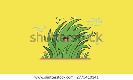 A cheerful, anthropomorphic grass character with a happy face waves in a gentle breeze, surrounded by tiny flowers and swirling wind lines on a vibran