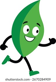 Ein fröhlicher, anthropomorpher grüner Blattcharakter mit einem lächelnden Gesicht und Armen wird energisch verlaufend dargestellt.