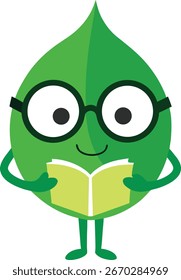 A cheerful, anthropomorphic green leaf character wearing glasses and holding an open book, depicted in a simple, friendly cartoon style.