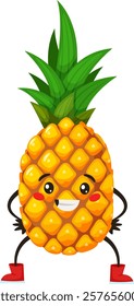 Cheerful, anthropomorphic pineapple character stands confidently with its hands on its hips, wearing bright red boots and sporting a joyful expression