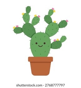 A cheerful, anthropomorphic prickly pear cactus with a smiling face and small pink and yellow flowers, potted in a terracotta pot.