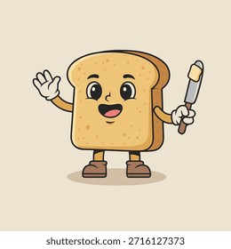 A cheerful anthropomorphic slice of bread with arms legs and a face waving and holding a knife with butter