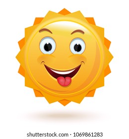 Cheerful anthropomorphic sun. A merry little sunshine shows a tongue. Vector illustration isolated on white background