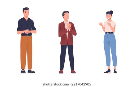 Cheerful applauding people set.Positive business people clapping hands with enthusiasm flat vector illustration