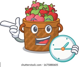 Cheerful apple basket cartoon character style with clock
