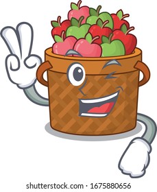 Cheerful apple Basket mascot design with two fingers