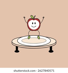 Animação de maçã alegre personagem pulando em uma mesa com placa branca