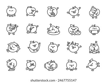 Cheerful apple character. Coloring Page. Cute cartoon fruit. Hand drawn style. Vector drawing. Collection of design elements.