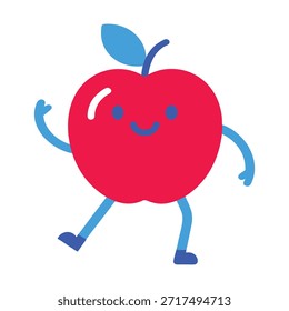 Alegre personaje de manzana bailando alegremente en estilo de Vector plano rojo y azul de neón perfecto para divertidos carteles de pegatinas de marca e ilustraciones divertidas